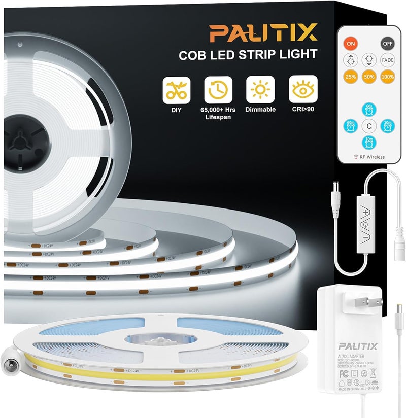 PAUTIX COB LED Strip Light 32.8ft,LED Lights UL-Listed Daylight White 6000K Strip Lights with RF Remote,Dimmable Super Bright 24V Cool White Natural White LED Tape Lights,Cabinet Office Lighting - Image 1